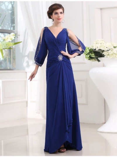 Sheath/Column Beading 3/4 Sleeves V-neck Long Chiffon Dresses [N13ZAYS5648]