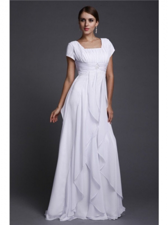 A-Line/Princess Square Neck Short Sleeves Ruffles Long Chiffon Dresses