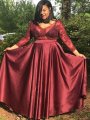 A-Line/Princess V-neck 3/4 Sleeves Applique Floor-Length Satin Plus Size Dresses