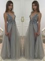 A-Line/Princess V-Neck Sleeveless Floor-Length Beading Tulle Dresses