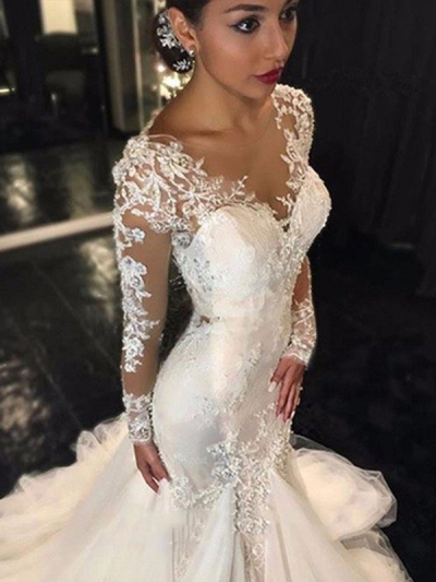 Trumpet/Mermaid V-neck Long Sleeves Lace Court Train Tulle Wedding Dresses [PO16033PO489]