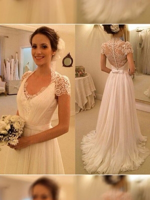 A-Line/Princess V-neck Sweep/Brush Train Sleeveless Lace Chiffon Wedding Dresses