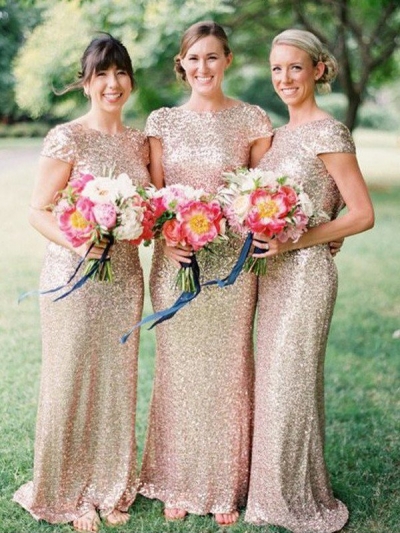 Sheath/Column Bateau Floor-Length Short Sleeves Sequins Bridesmaid Dresses [PO16033PO580]