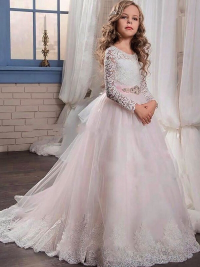 Ball Gown Jewel Long Sleeves Lace Floor-Length Tulle Flower Girl Dresses [PO16033PO841]