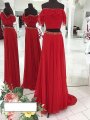 A-Line/Princess Sleeveless Off-the-Shoulder Chiffon Beading Floor-Length Two Piece Dresses