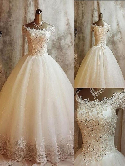 Ball Gown Applique Off-the-Shoulder Sweep/Brush Train Sleeveless Tulle Wedding Dresses [PON1506EV979]