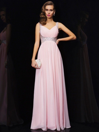 A-Line/Princess Sleeveless V-neck Beading Long Chiffon Dresses