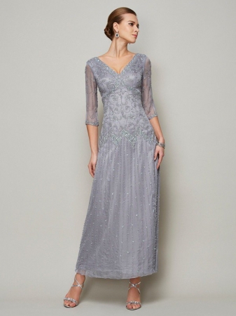 Sheath/Column V-neck 1/2 Sleeves Beading Long Elastic Woven Satin Mother of the Bride Dresses