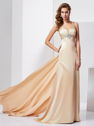 Sheath/Column Halter Sleeveless Ruffles Long Silk like Satin Dresses [40119]