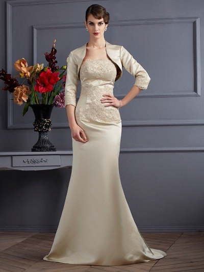 Trumpet/Mermaid Strapless Sleeveless Applique Long Satin Mother of the Bride Dresses [40311]