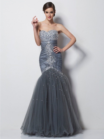 Trumpet/Mermaid Sweetheart Sleeveless Beading Long Net Dresses [40312]