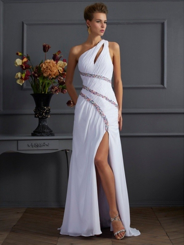 Sheath/Column One-Shoulder Sleeveless Beading Long Chiffon Dresses