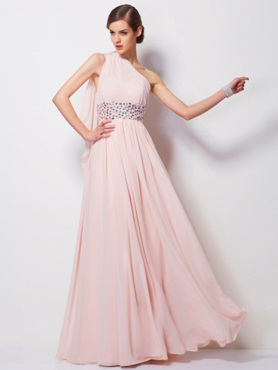 Sheath/Column One-Shoulder Sleeveless Beading Long Chiffon Dresses [40552]