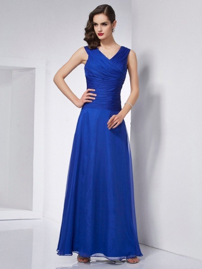 A-Line/Princess V-neck Sleeveless Pleats Long Chiffon Dresses [40560]