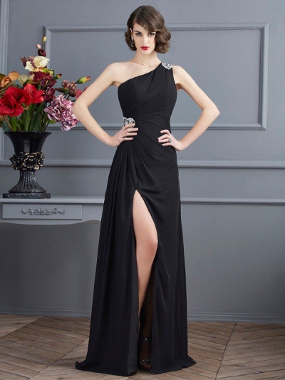 Sheath/Column One-Shoulder Sleeveless Beading Long Chiffon Dresses [40564]