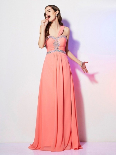 A-Line/Princess One-Shoulder Sleeveless Beading Long Chiffon Dresses [40599]