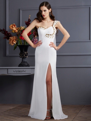 A-Line/Princess One-Shoulder Sleeveless Beading Long Chiffon Dresses