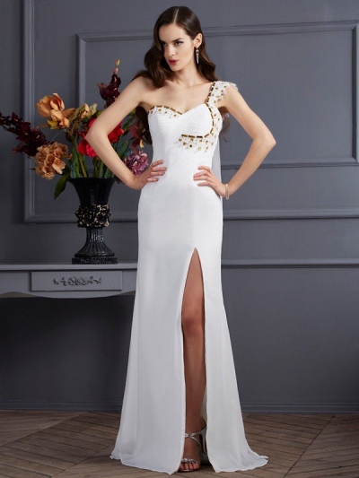 A-Line/Princess One-Shoulder Sleeveless Beading Long Chiffon Dresses [40763]