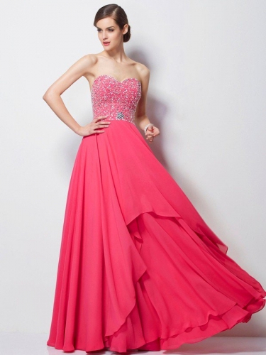 A-Line/Princess Sweetheart Sleeveless Beading Long Chiffon Dresses