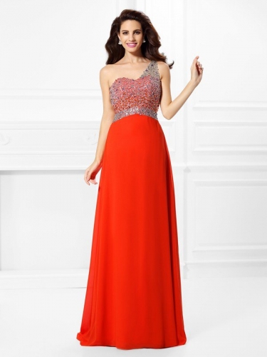 A-Line/Princess One-Shoulder Beading Sleeveless Long Chiffon Dresses