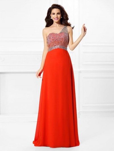 A-Line/Princess One-Shoulder Beading Sleeveless Long Chiffon Dresses [50013]