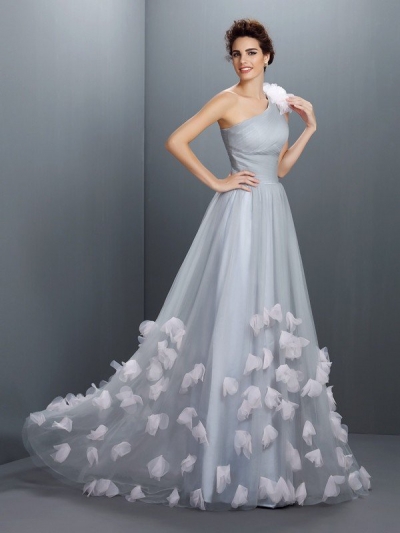 A-Line/Princess One-Shoulder Hand-Made Flower Sleeveless Long Net Dresses [50099]