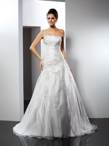 A-Line/Princess One-Shoulder Applique Sleeveless Long Satin Wedding Dresses