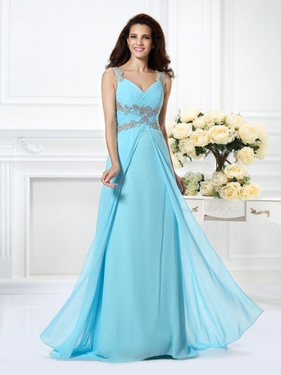 A-Line/Princess V-neck Beading Sleeveless Long Chiffon Dresses [50249]