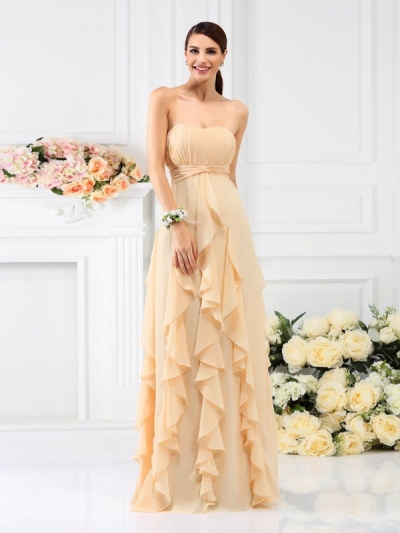 A-Line/Princess Strapless Pleats Sleeveless Long Chiffon Bridesmaid Dresses [50385]