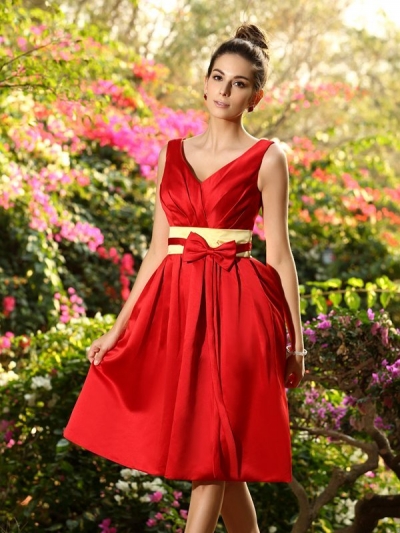 A-Line/Princess V-neck Pleats Sash/Ribbon/Belt Sleeveless Short Satin Bridesmaid Dresses [50530]