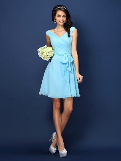 A-Line/Princess V-neck Pleats Bowknot Sleeveless Short Chiffon Bridesmaid Dresses [50550]