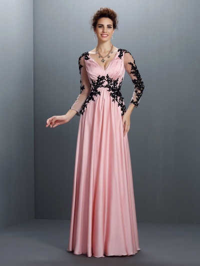 A-Line/Princess V-neck Applique 3/4 Sleeves Long Chiffon Dresses [50783]