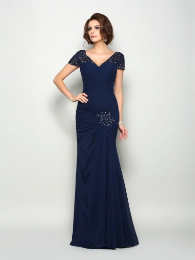 Trumpet/Mermaid V-neck Beading Short Sleeves Long Chiffon Mother of the Bride Dresses [50973]