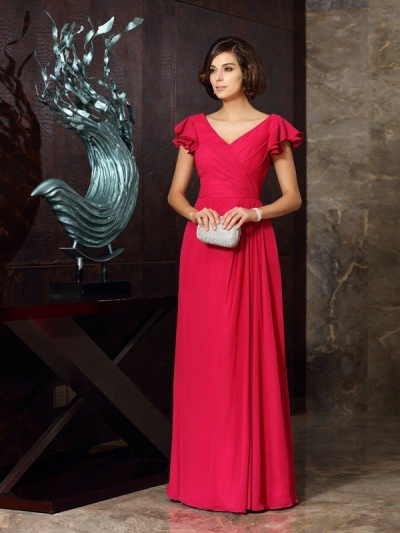 A-Line/Princess V-neck Ruched Short Sleeves Long Chiffon Mother of the Bride Dresses [50997]