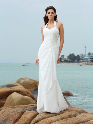 Sheath/Column Halter Pleats Sleeveless Long Chiffon Beach Wedding Dresses