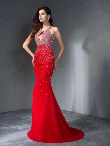 Trumpet/Mermaid Halter Beading Sleeveless Long Chiffon Dresses