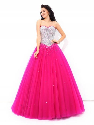 Ball Gown Beading Sweetheart Sleeveless Long Satin Quinceanera Dresses [60146]