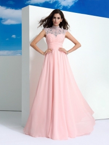 A-Line/Princess Sheer Neck Beading Sleeveless Long Chiffon Dresses