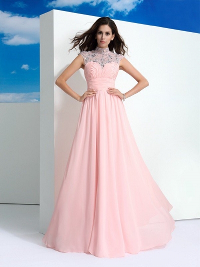 A-Line/Princess Sheer Neck Beading Sleeveless Long Chiffon Dresses [60186]