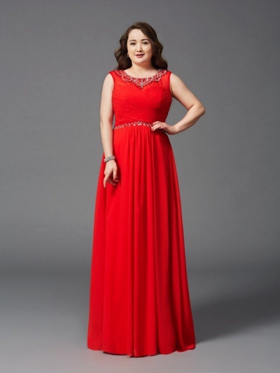 A-Line/Princess Scoop Beading Sleeveless Long Chiffon Plus Size Dresses [60208]