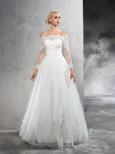 Ball Gown Off-the-Shoulder Lace Long Sleeves Long Net Wedding Dresses [60227]