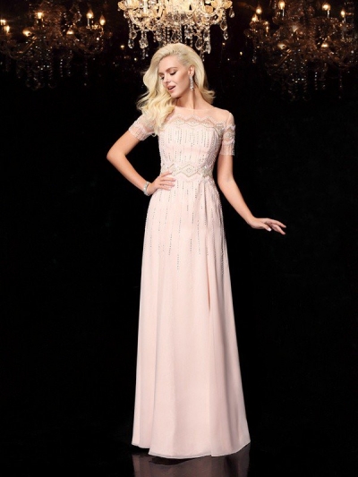 A-Line/Princess Bateau Beading Short Sleeves Long Chiffon Dresses [60410]