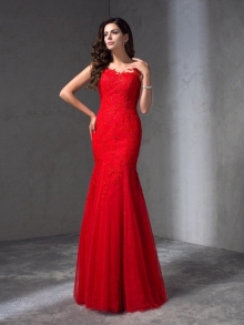 Sheath/Column Scoop Applique Sleeveless Long Lace Dresses