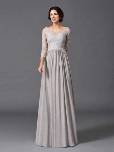 A-Line/Princess V-neck Ruffles 3/4 Sleeves Long Chiffon Mother of the Bride Dresses [60518]