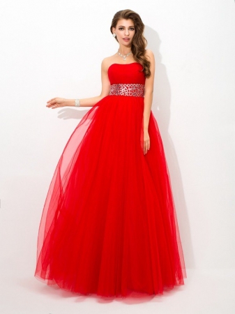 Ball Gown Strapless Beading Sleeveless Long Net Quinceanera Dresses