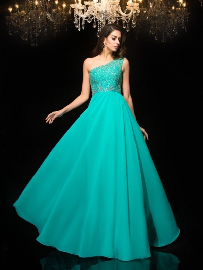 A-Line/Princess One-Shoulder Beading Sleeveless Long Chiffon Dresses [60573]