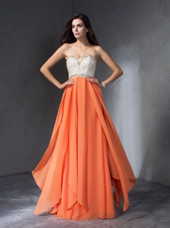 A-Line/Princess Beading Sweetheart Sleeveless Long Chiffon Dresses