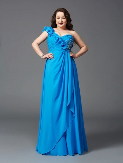 A-Line/Princess One-Shoulder Rhinestone Sleeveless Long Chiffon Plus Size Dresses [60635]