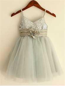 A-line/Princess Spaghetti Straps Sleeveless Sequin Tea-Length Tulle Flower Girl Dresses