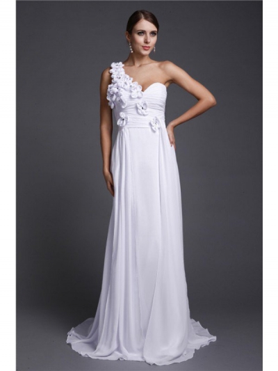 A-Line/Princess One Shoulder Hand-Made Flower Long Sleeveless Chiffon Dresses [N13CDRESS49]